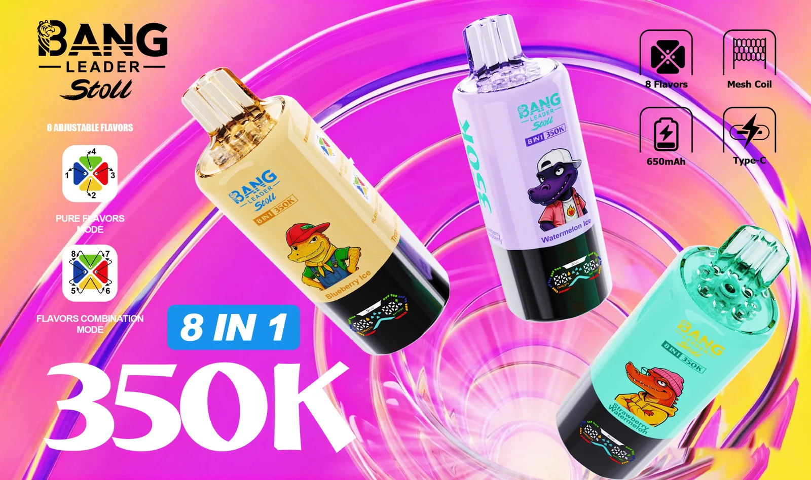 Bang Leader Stoll 350K jednorazowe e-papierosy 8 smaków VapoPL
